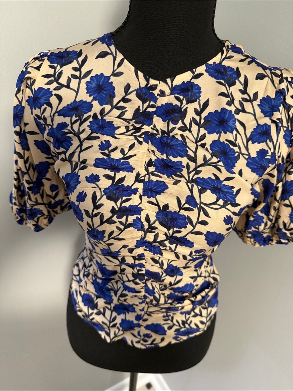 J. Crew Blue Floral Puff-Sleeve Blouse on Cream - Picture 2 of 3